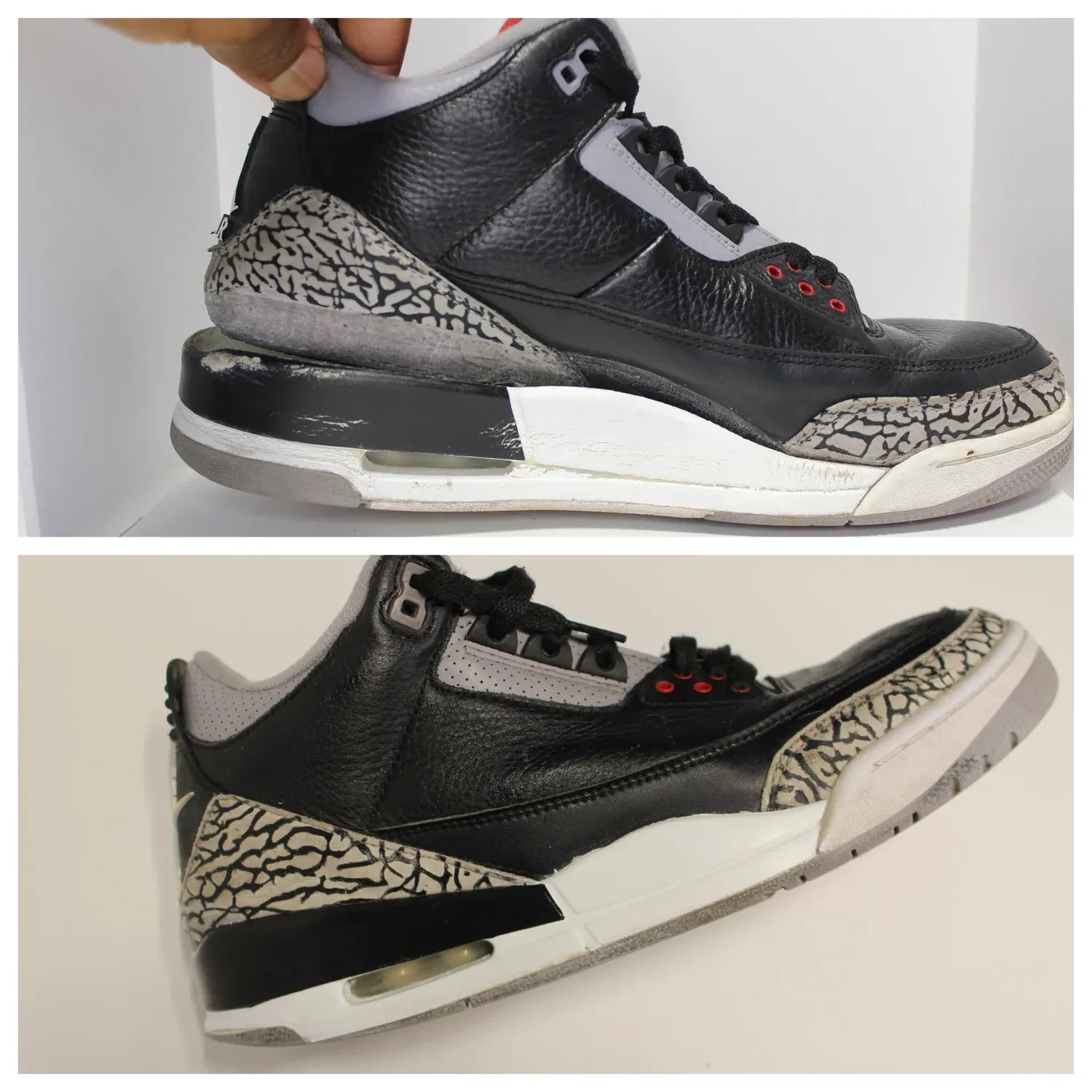 Black and grey high-top with a yellowed midsole on top, and a whitened sole below.