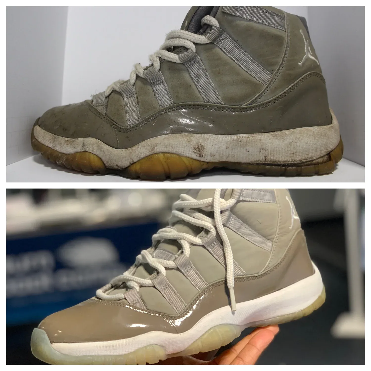Grey patent high-top with a yellowed sole on top, and a restored sole below.