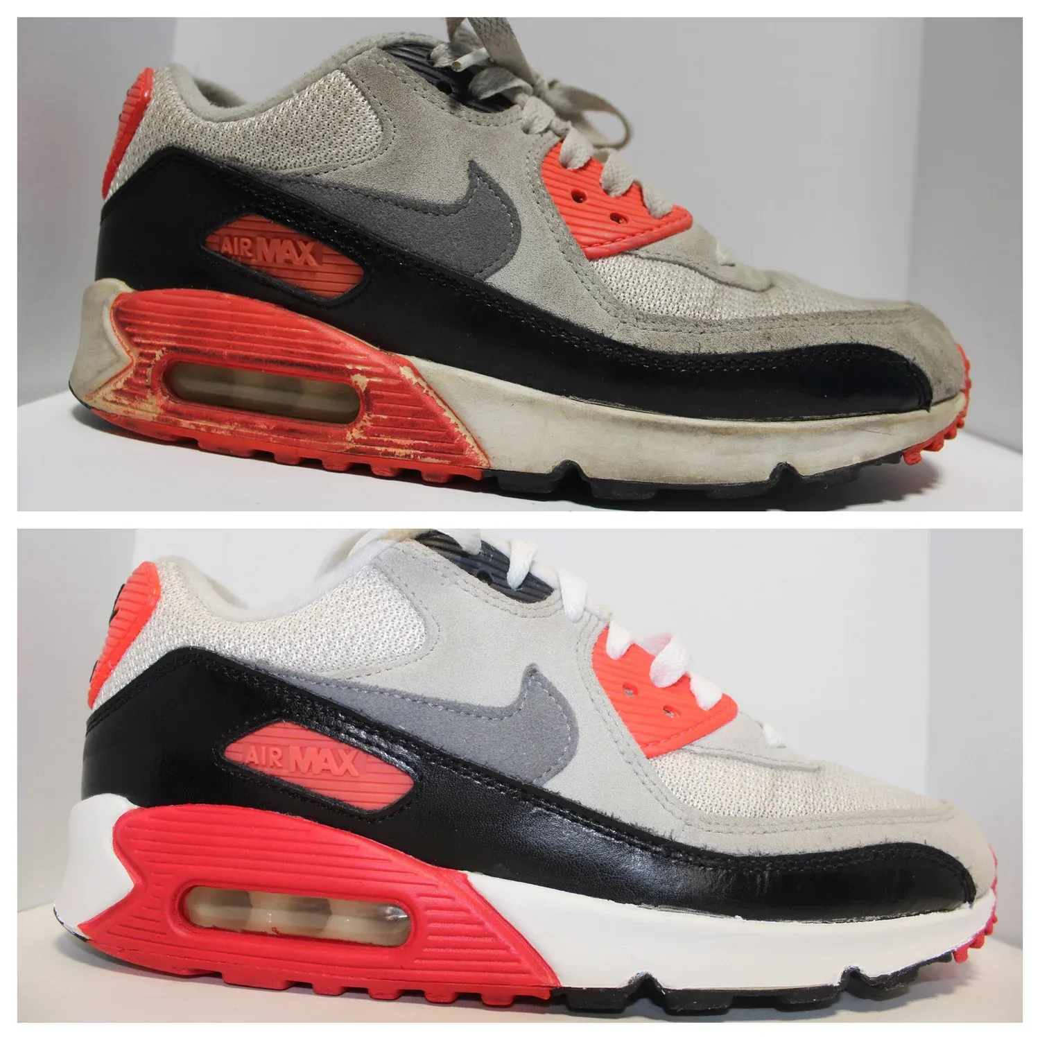 White, grey and red running shoe shown with faded paint on top, and with refreshed paint below.