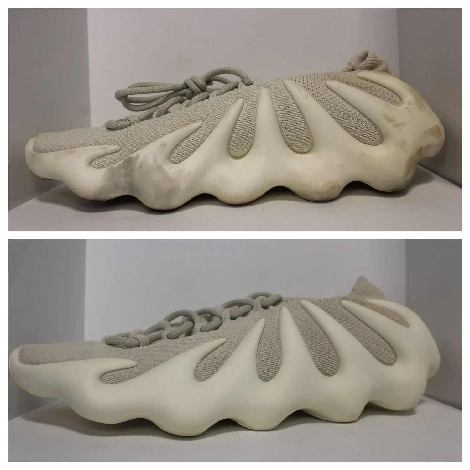 Cream sculpted sneaker shown discolored on top, and refreshed below.