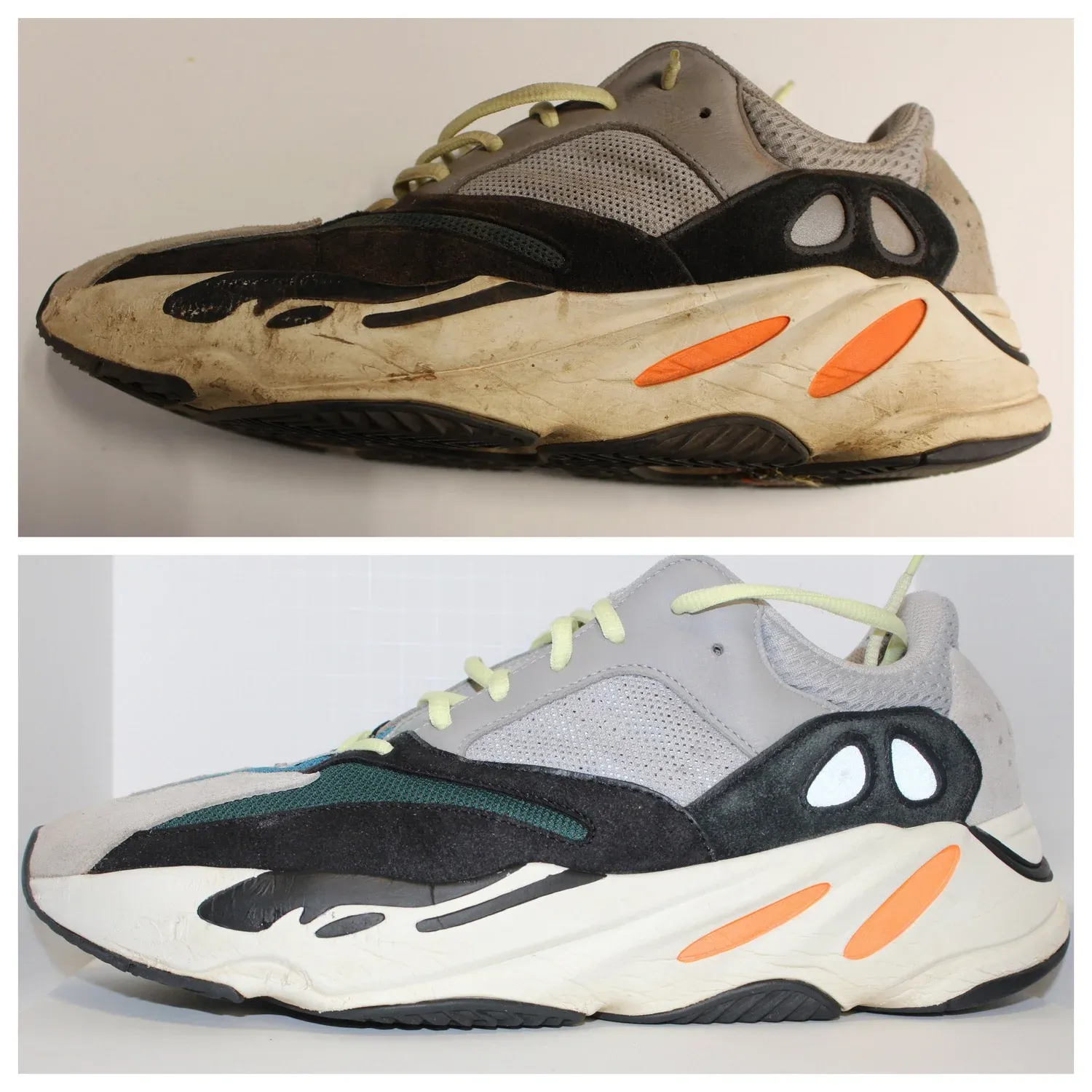 Grey, black and orange runner shown dirty and scuffed on top, and deep cleaned below.