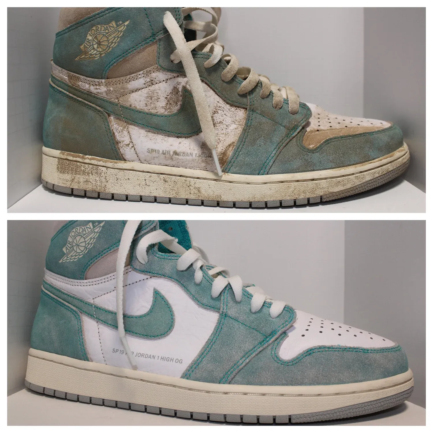 Teal and white high-top shown heavily soiled on top, and cleaned below.
